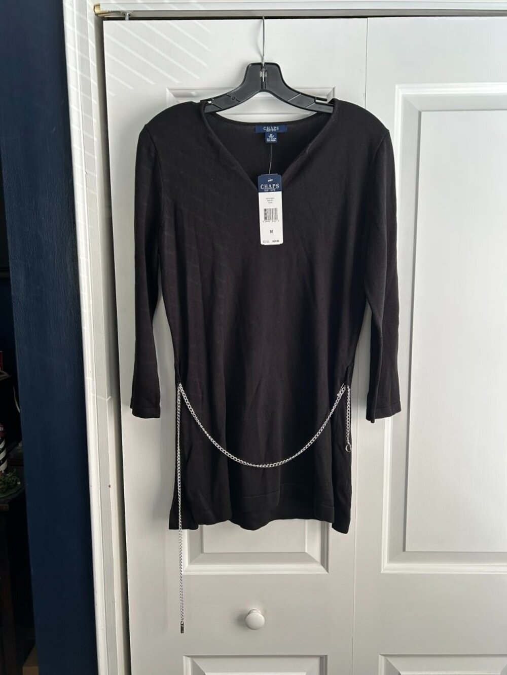 Chaps Women's Size M Black Split-Neck Sweater Dress Tunic with Silver Chain NWT
